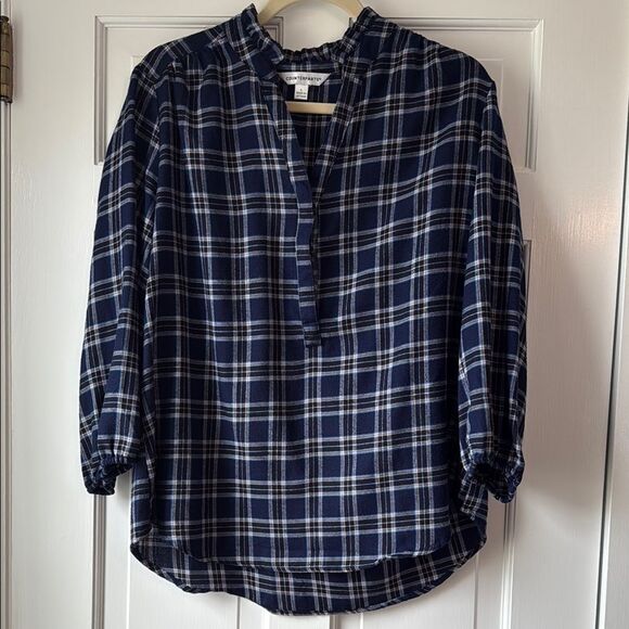 COUNTERPARTS PLAID FLANNEL TOP NAVY BLUE WHITE POPOVER BLOUSE RUFFLE WOMEN LARGE - Picture 1 of 8